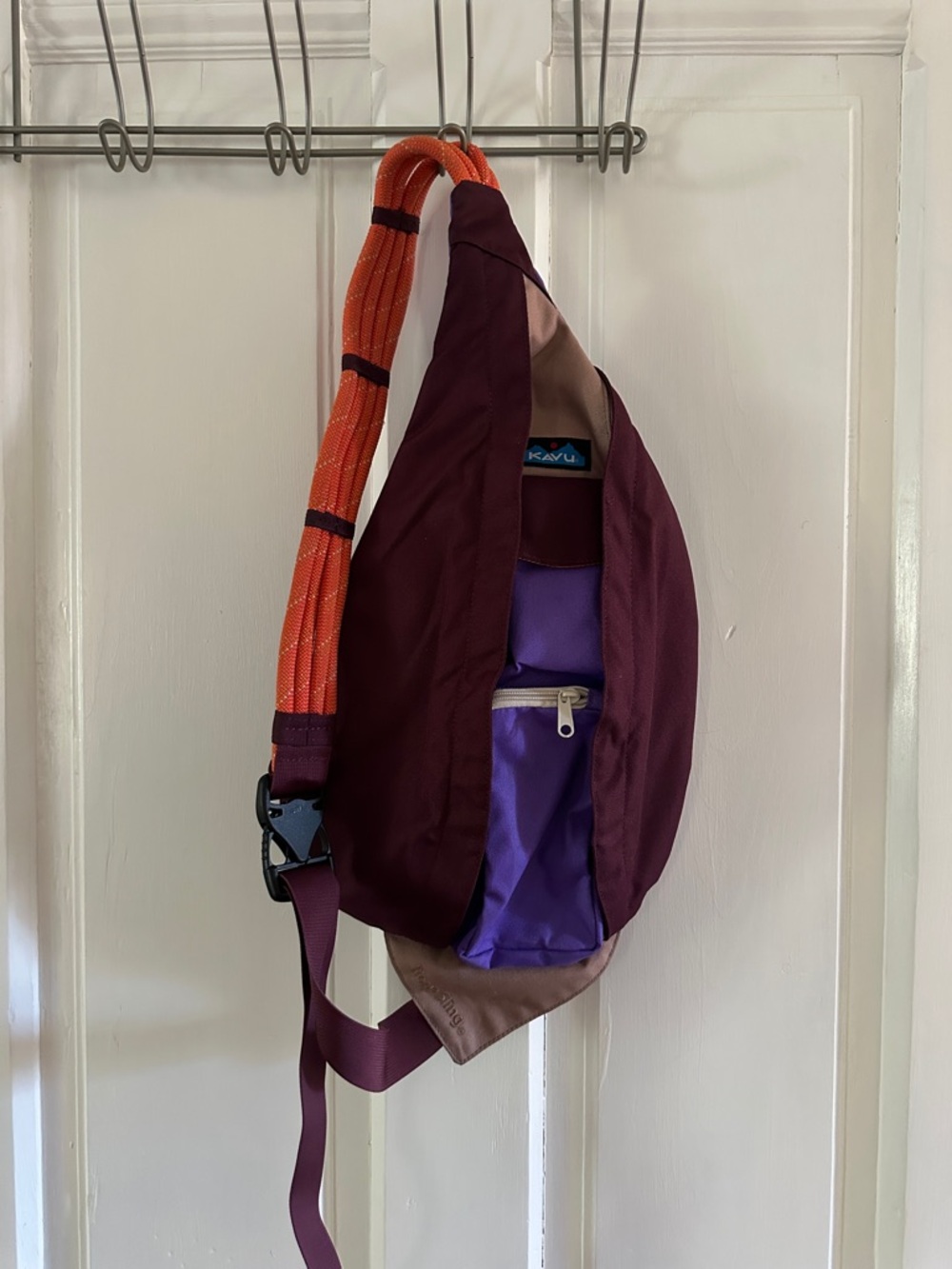 Kavu Maroon Sling Bag with Orange Rope Strap and Purple Pocket